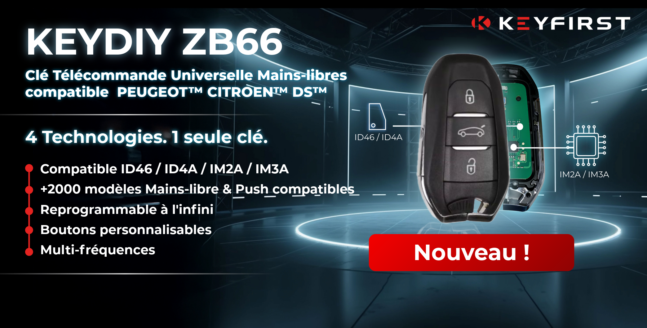 KEYDIY Clé Télécommande Universelle Mains-libres compatible PEUGEOT™ CITROEN™ DS™ 3 Boutons | ZB66